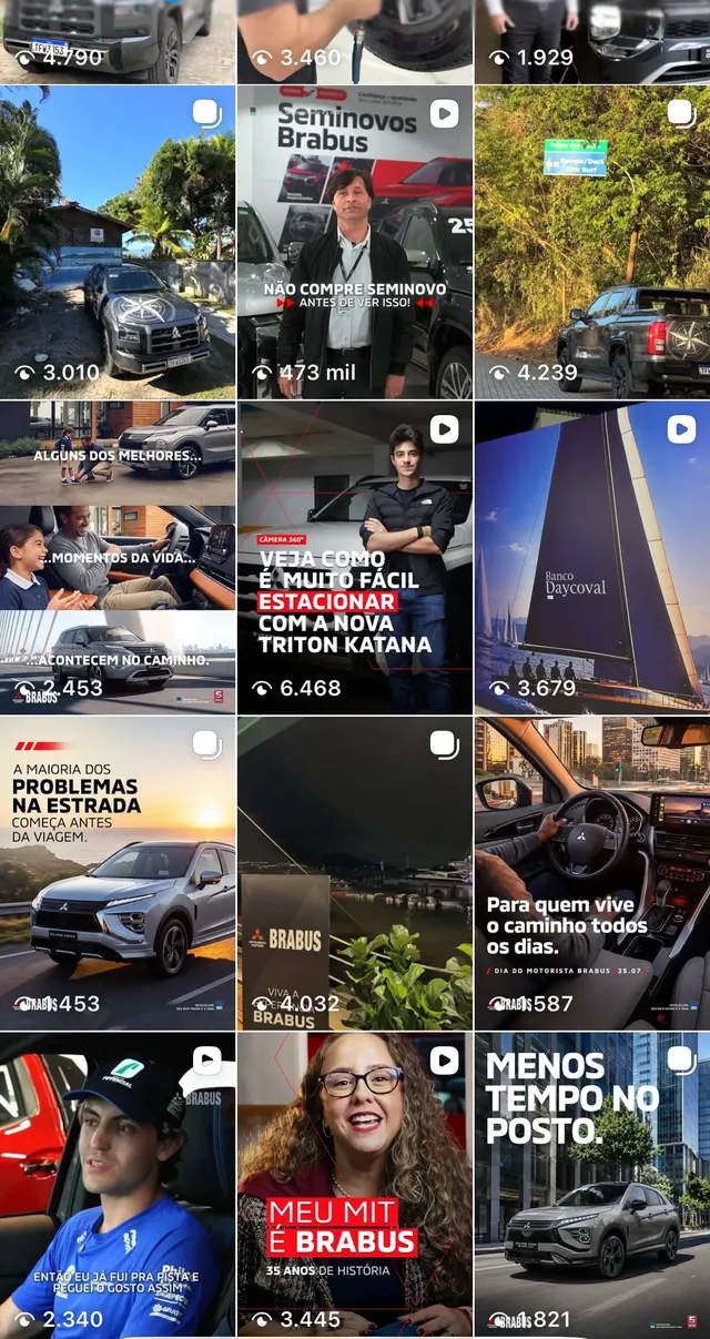 Reels da Brabus Mitsubishi com o número de visualizações de cada vídeo