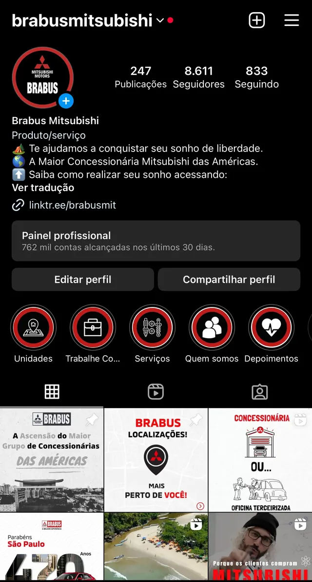 Perfil da Brabus Mitsubishi no Instagram antes do trabalho: 8.611 seguidores
